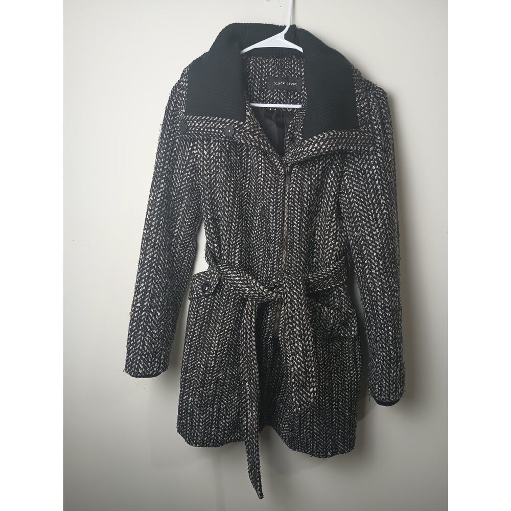 Black Rivet Wool Black White Pea Coat‎ Tie Waist Women Size Small Winter Collar
